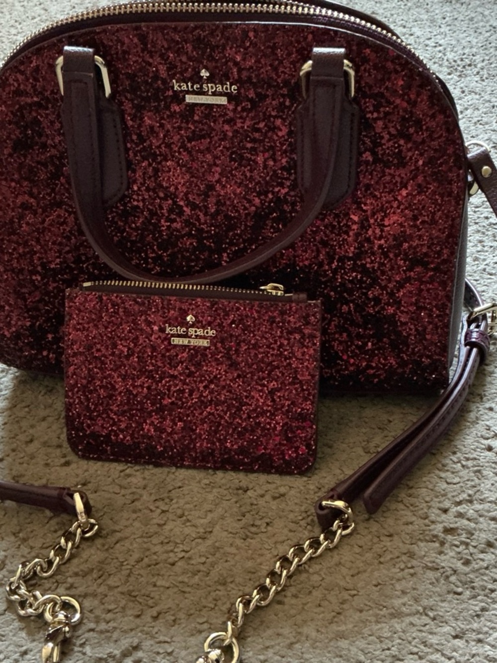 kate spade burgundy glitter dome satchel with matching card pouch